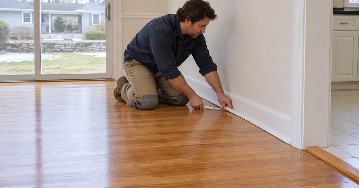 Worker fitting shoe molding along the baseboard of a freshly refinished oak floor in a Framingham ranch house.