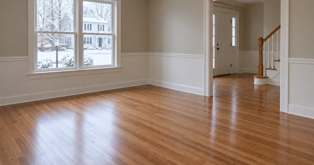 Refinished red oak floor running from the dining room into the front hall of a Colonial house in Framingham on a snowy afternoon.