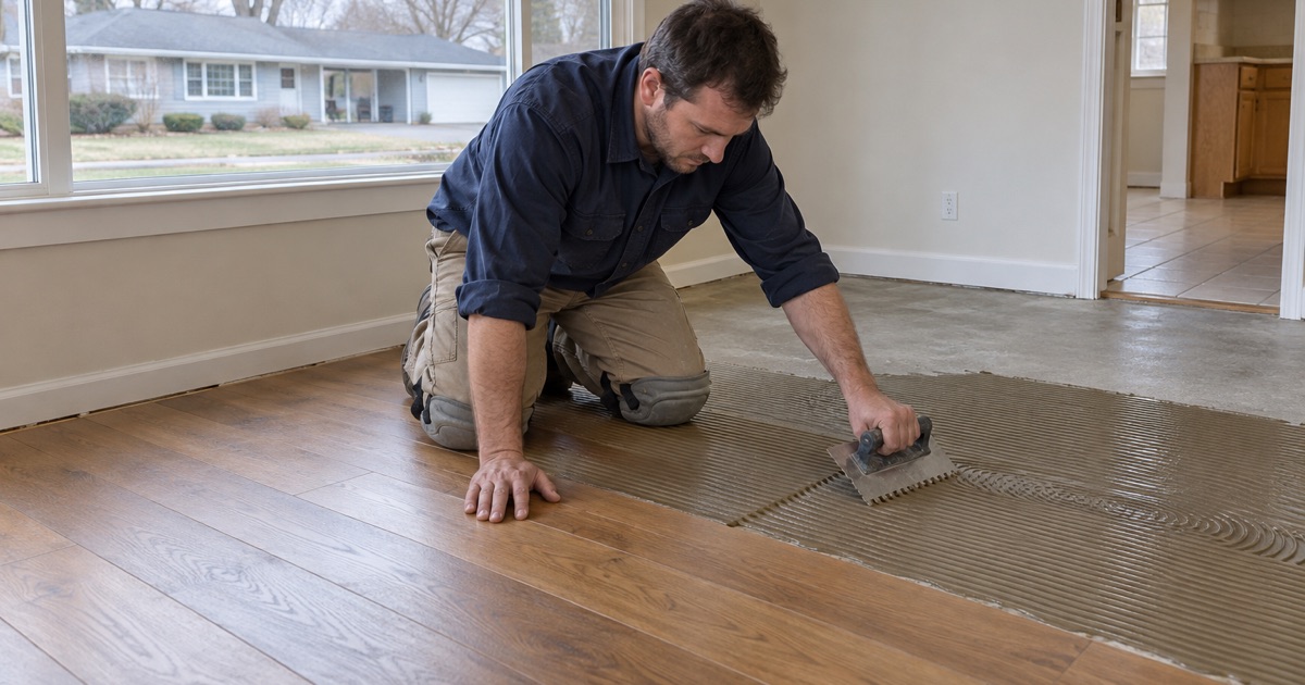 Worker troweling adhesive onto the concrete slab of a Framingham ranch before laying engineered hardwood planks.