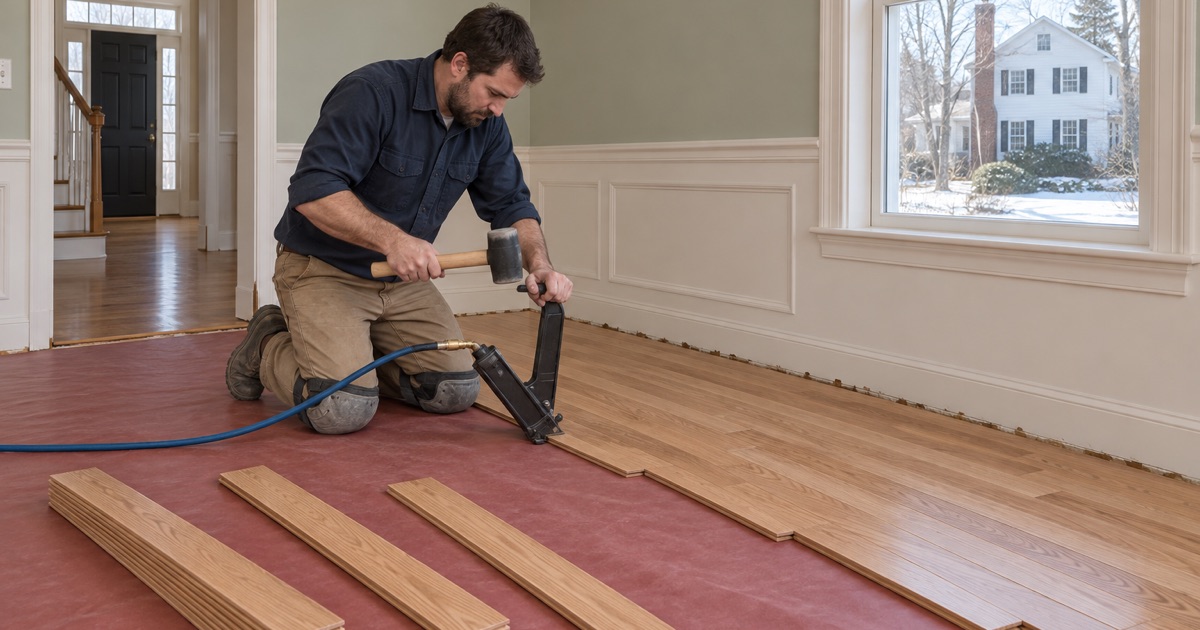 Worker nailing down new red oak strip flooring with a mallet and flooring nailer in the dining room of a Framingham Colonial.
