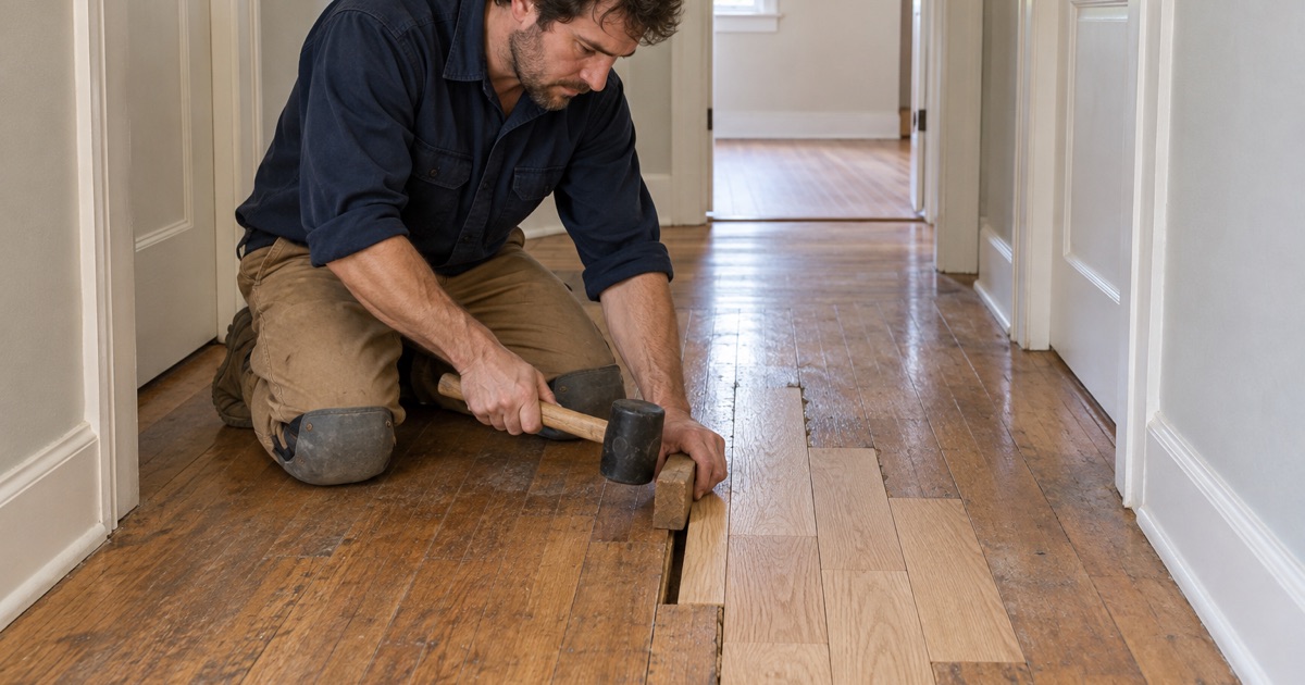 Worker tapping a replacement oak board into a laced-in floor repair with a tapping block in a Framingham hallway.