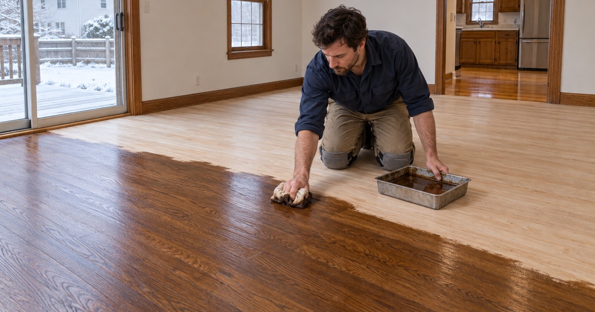 Worker wiping a brown stain across sanded oak to replace an orange finish in a Framingham family room.