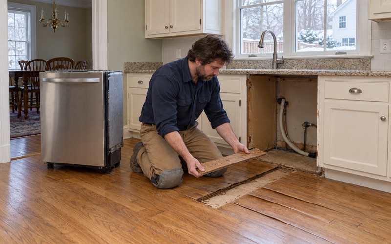 Worker lifting out a cupped, water-damaged oak board in front of a pulled-out dishwasher in a Framingham kitchen.