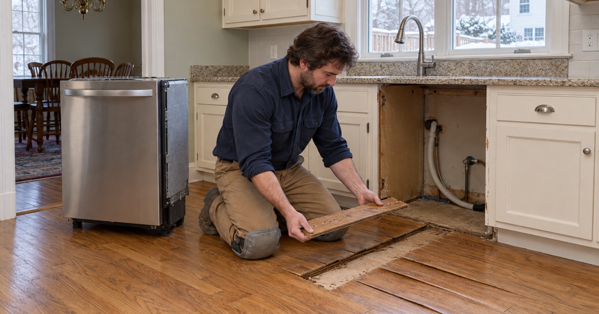 Worker lifting out a cupped, water-damaged oak board in front of a pulled-out dishwasher in a Framingham kitchen.