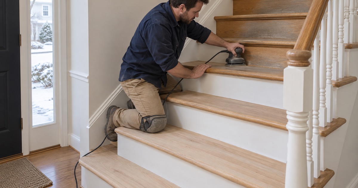 Worker sanding an oak stair tread with a detail sander on the front stairs of a Framingham Colonial.