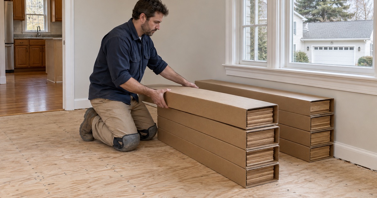 Worker stacking unmarked cartons of new oak flooring to acclimate in a Framingham room before installation.