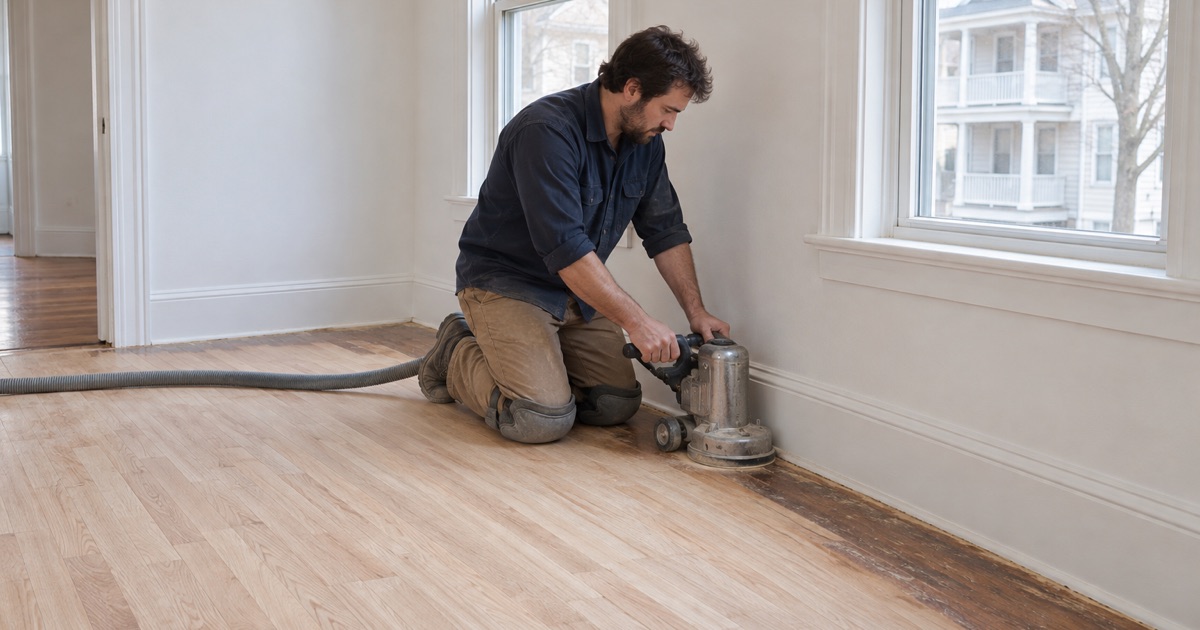 Worker running an edger along the wall of an empty rental apartment in a Framingham two-family house between tenants.