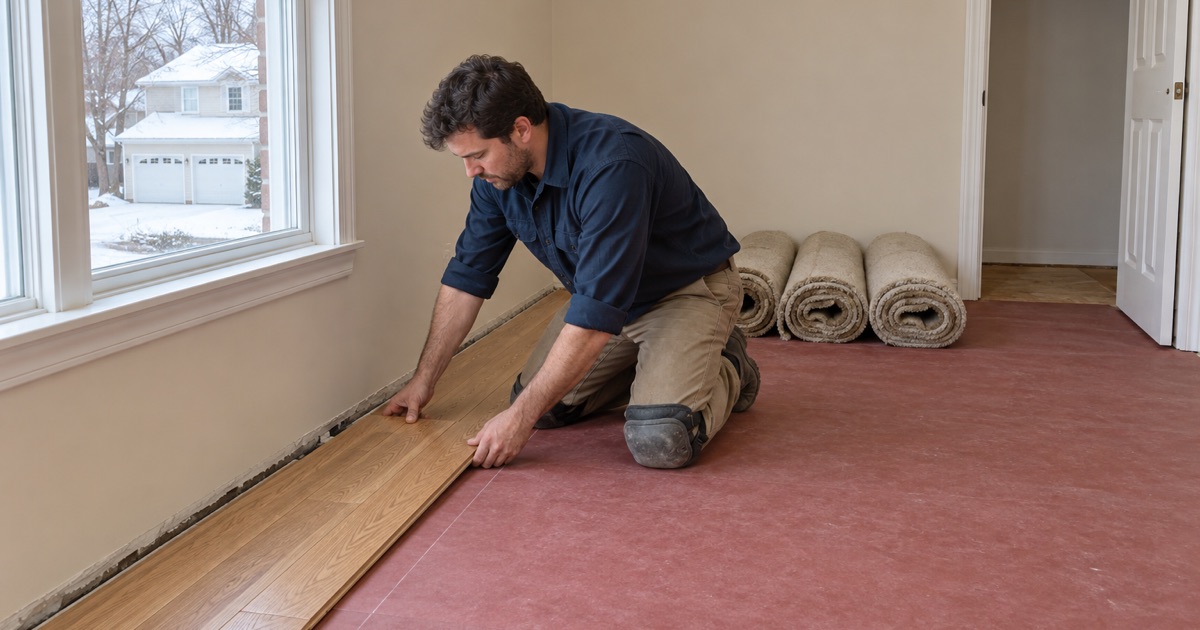 Worker setting the first row of new oak flooring in a Framingham bedroom where the old carpet has been pulled up and rolled away.