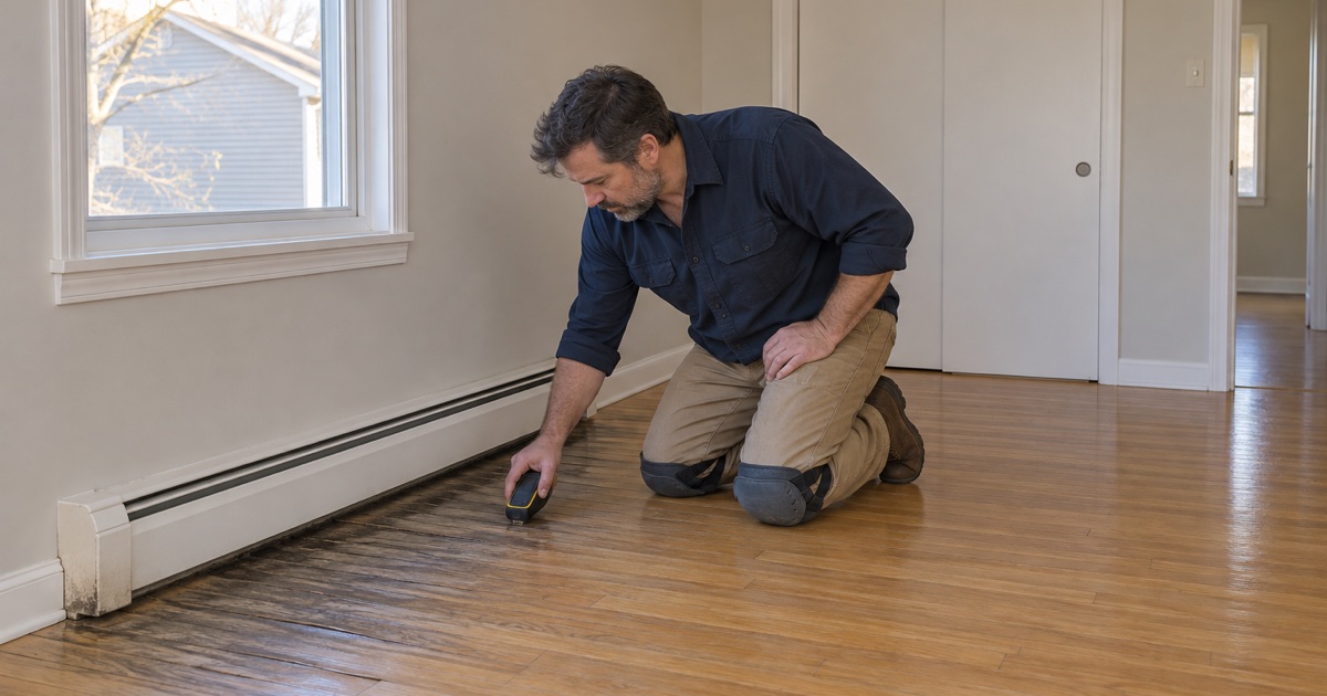 Worker checking dark, lifted oak boards beside a leaking hot-water baseboard heater in a Framingham split-level house.