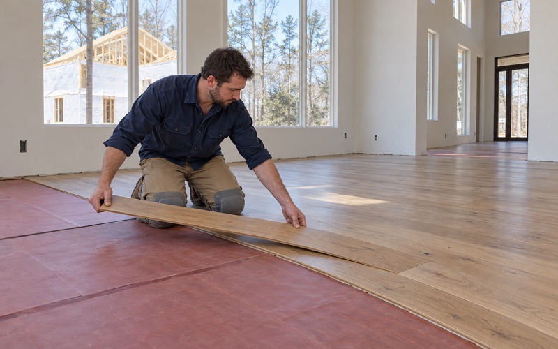 Worker lowering a long wide oak plank into place on a new floor in a newly built house near Framingham.