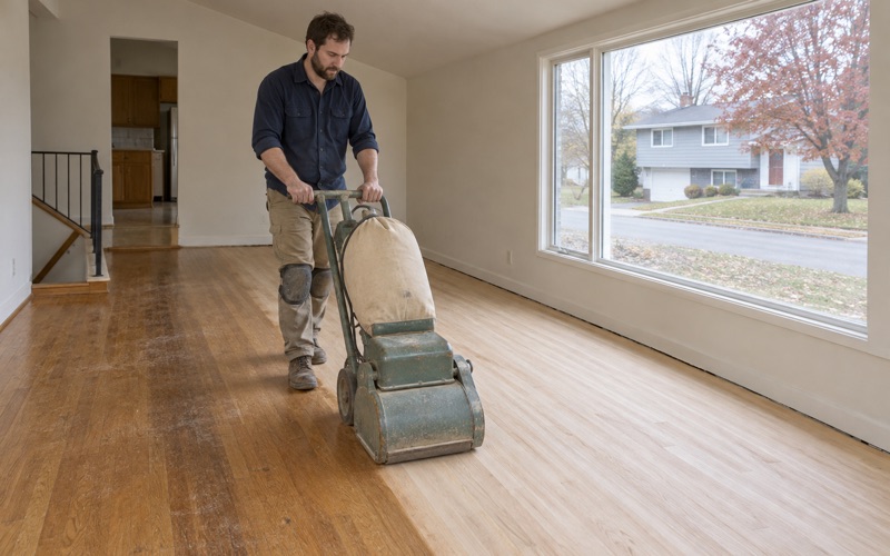 Worker sanding red oak strip flooring with a drum sander in the living room of a Framingham split-level house.
