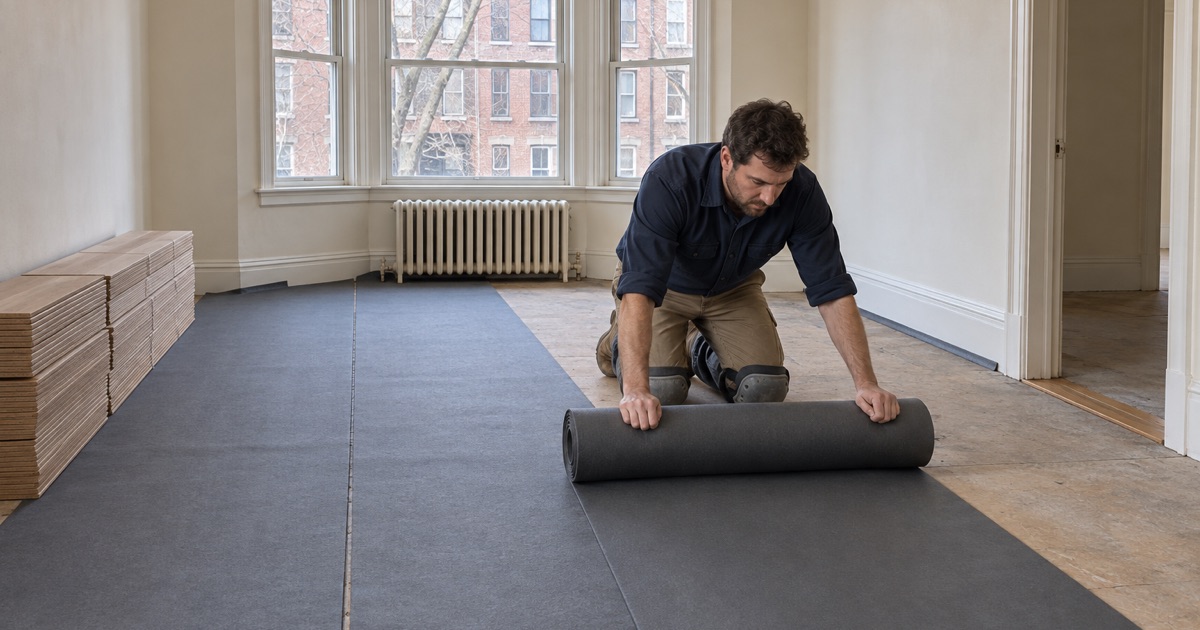 Worker unrolling underlayment across the floor of a condominium unit in a brick apartment building in Brookline.
