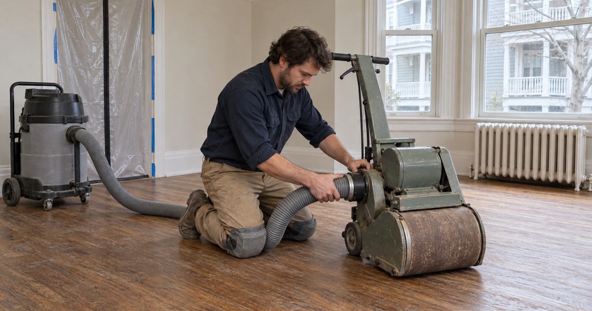 Worker connecting a dust-collection hose to a drum sander behind plastic sheeting in a prewar Cambridge rental apartment.