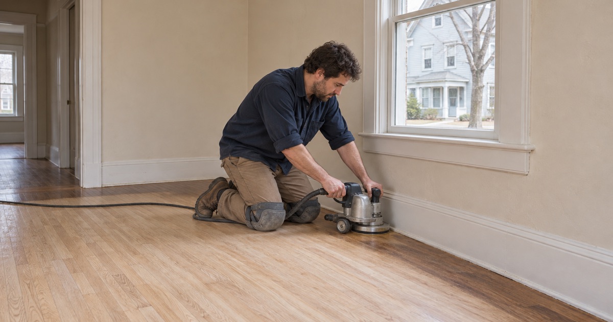 Worker edging a prewar oak floor in an older Dover house being kept rather than replaced.