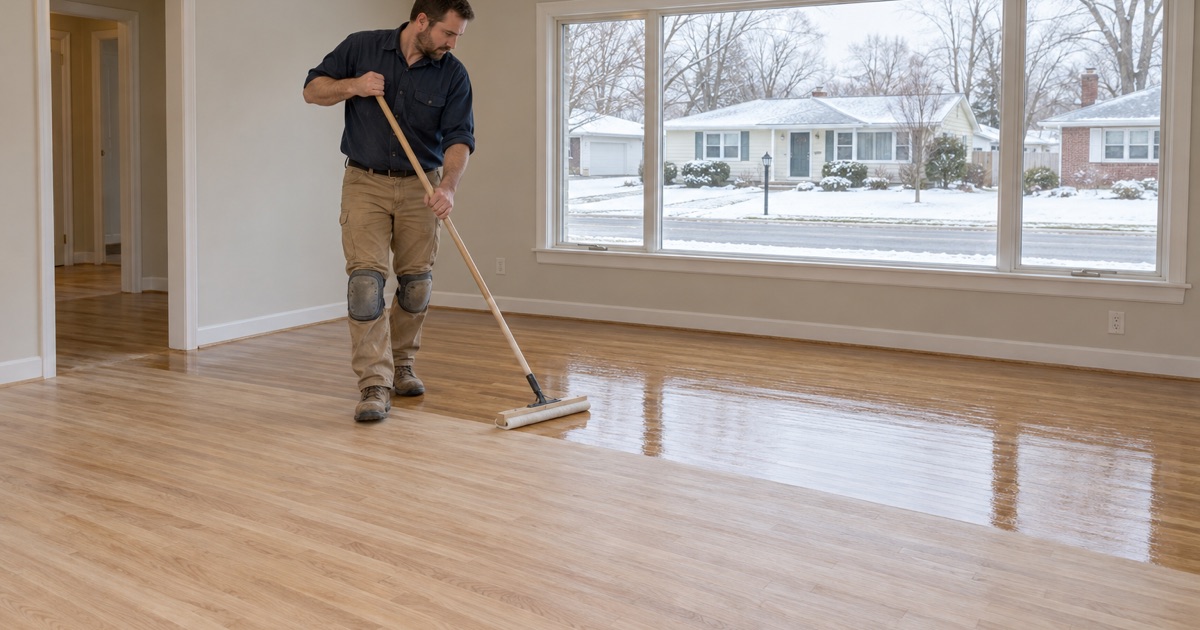 Worker walking backward as he coats freshly sanded red oak strip flooring in the living room of a single-story ranch house in Framingham.