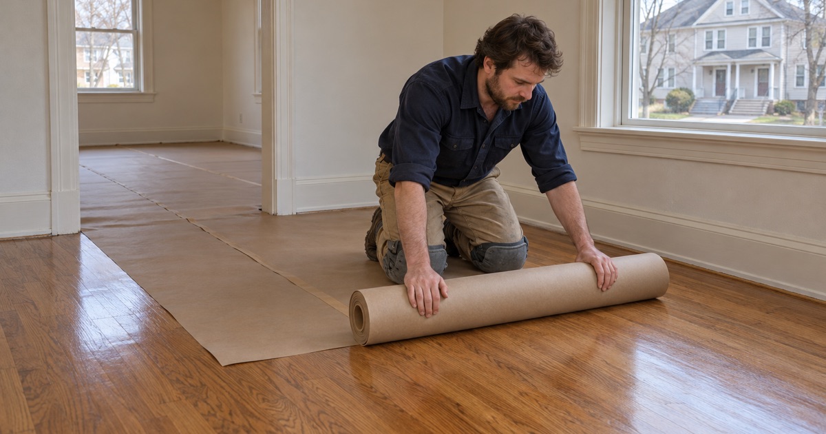 Worker rolling protective paper over a newly finished oak floor in one half of a double house in Hopedale.