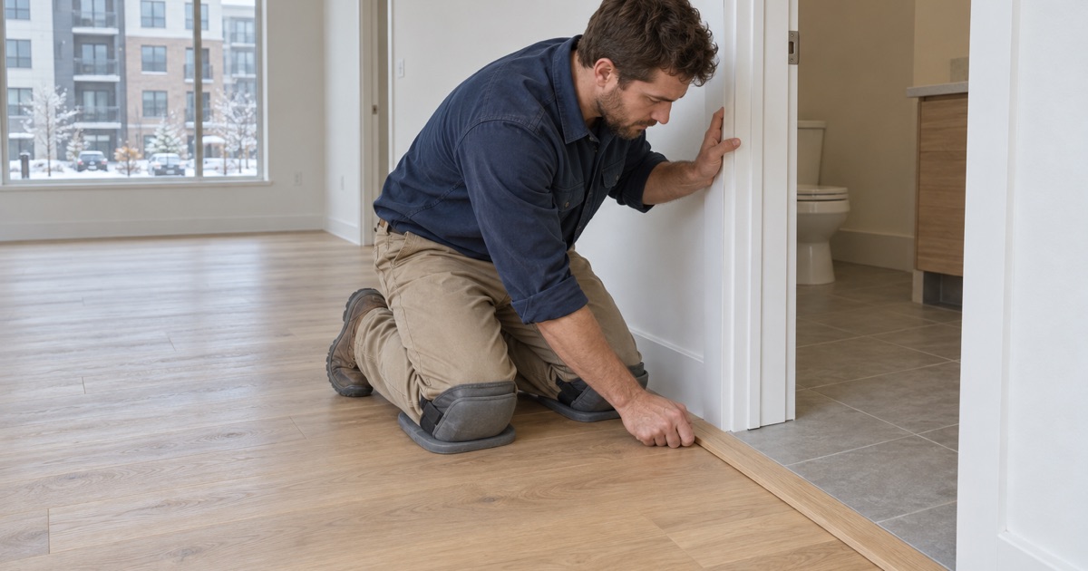 Worker fitting a reducer strip where a new engineered oak floor meets bathroom tile in a new Lexington apartment.