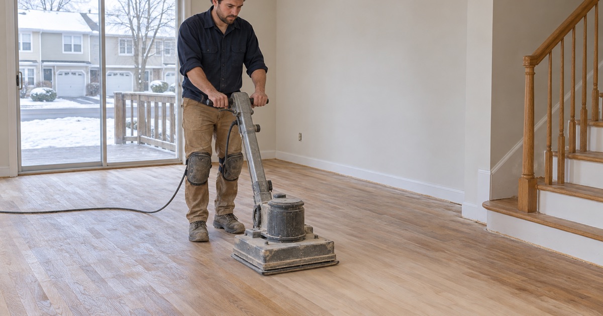Worker sanding an oak floor with an orbital sander in the living room of a 1980s townhouse in Marlborough.