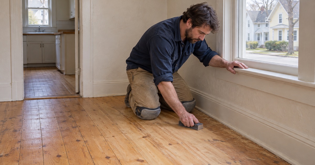 Worker hand-sanding the wide pine floorboards of a mill house in Maynard’s Presidential Village.