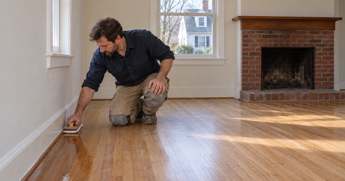 Worker brushing finish along the baseboard of a refinished oak floor in a 1950s Cape in Needham.