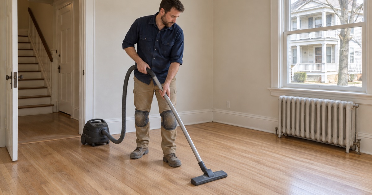 Worker vacuuming sanded oak in the lower unit of a prewar two-family house in Newton, the shared front stair behind him.