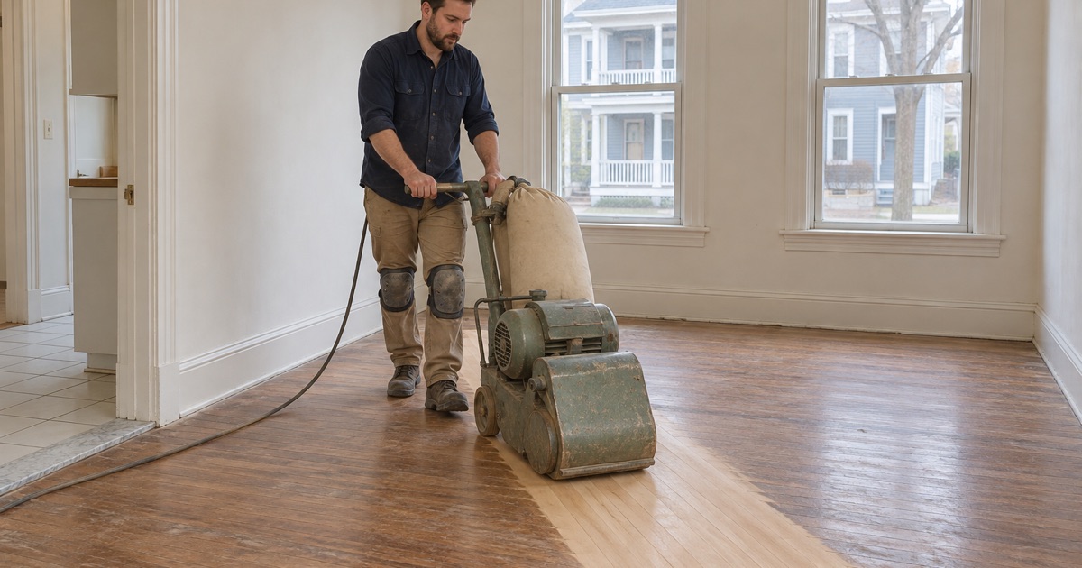 Worker sanding the oak floor of an empty rental unit in a Norwood two-family house between tenants.