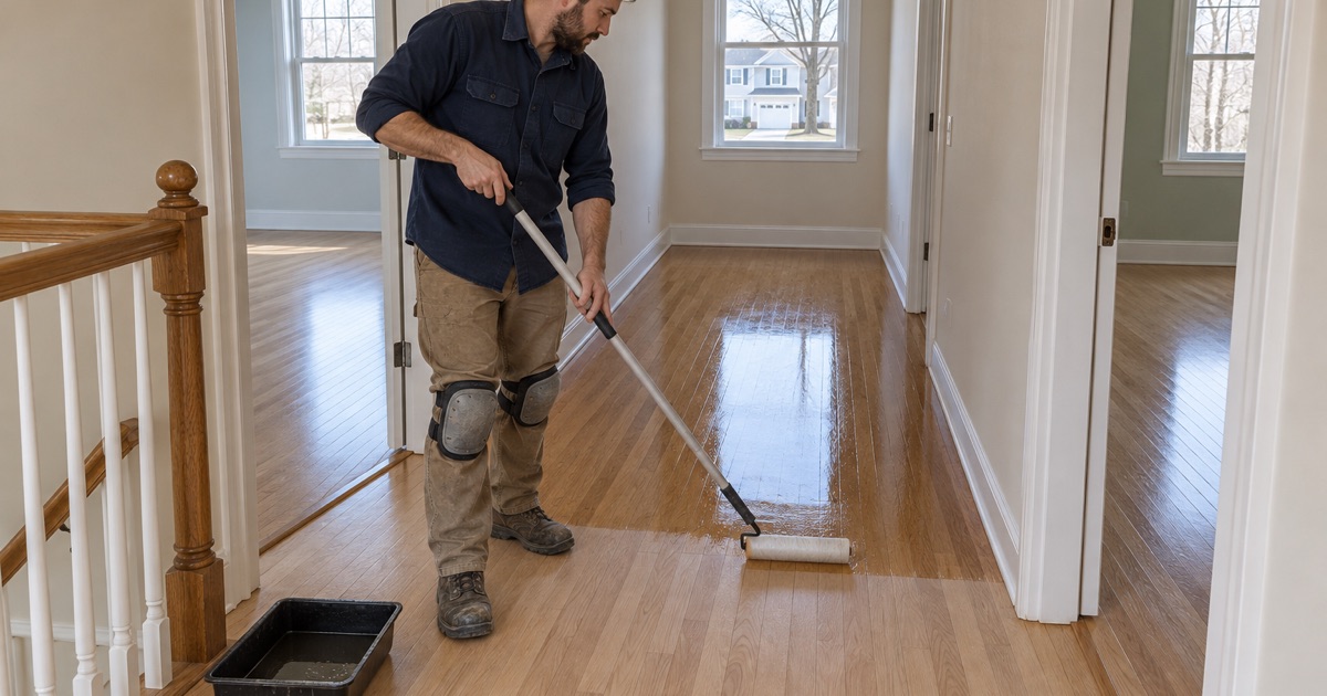 Worker coating the upstairs oak floors room by room in an Upton single-family house.