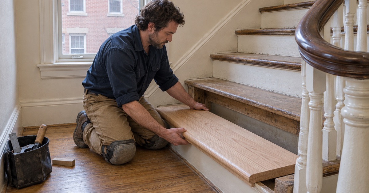 Worker setting a new oak tread onto the common stair of a rental apartment building in Waltham.