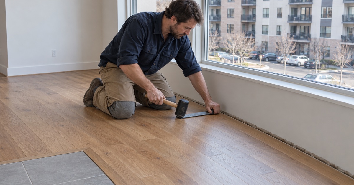 Worker seating the last engineered oak plank in a Watertown apartment.