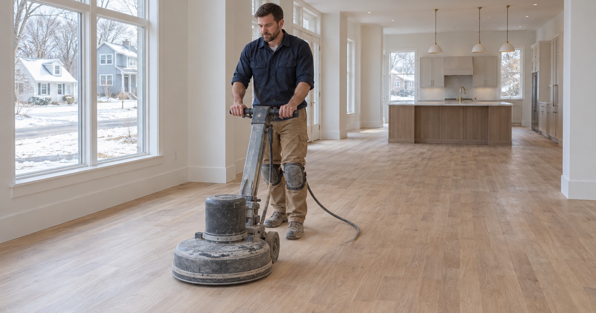 Worker sanding a large new oak floor with a planetary sander in a big replacement house in Wellesley.